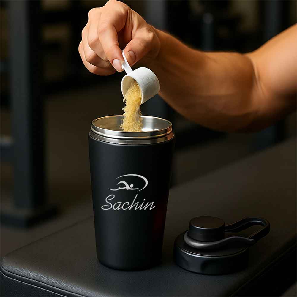 Customised Weight Gainer Shaker Bottle Stainless Steel Protein Mixer with Whisk Ball - Swimming