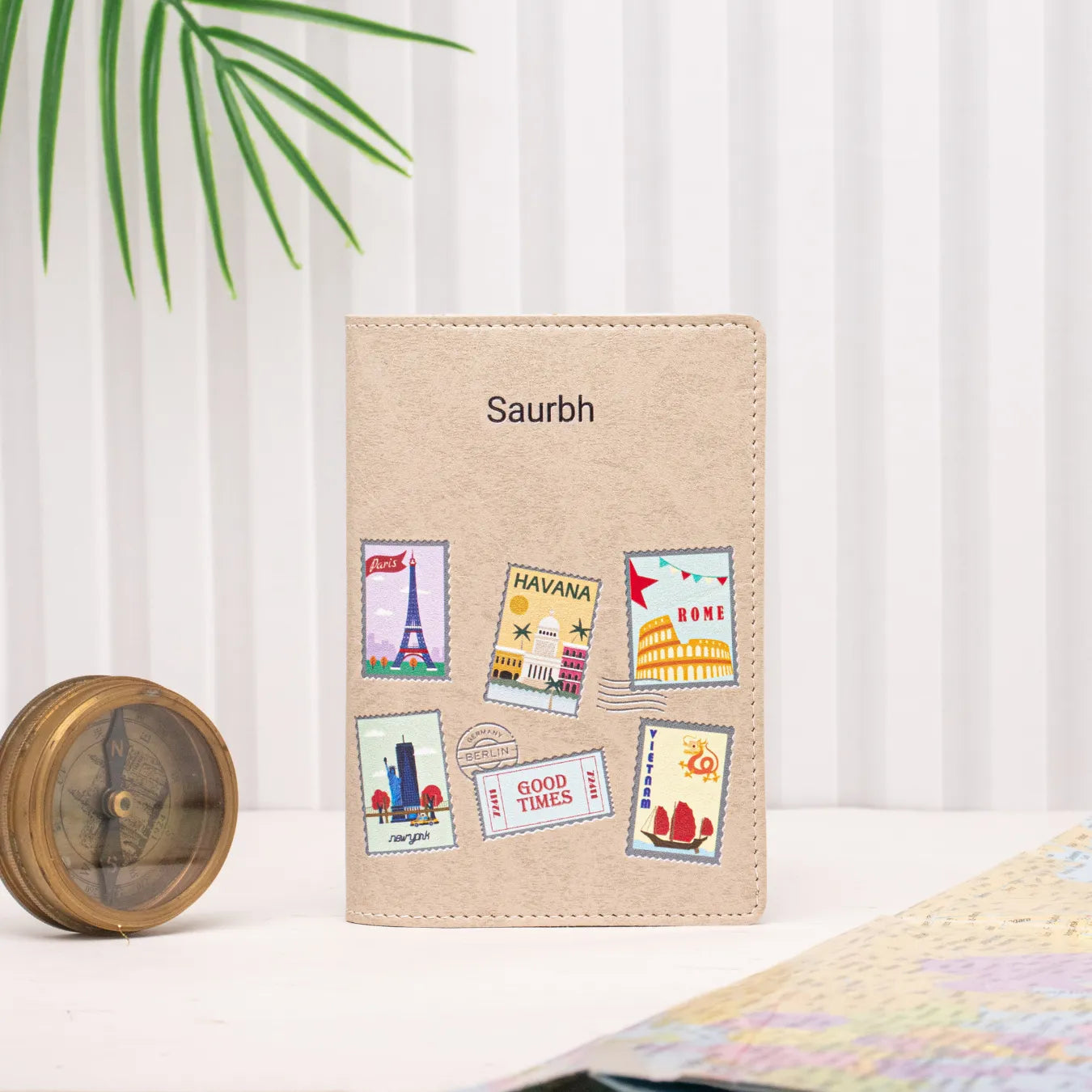 PERSONALISED PRINTED PASSPORT COVER - TRAVEL STAMP - BEIGE