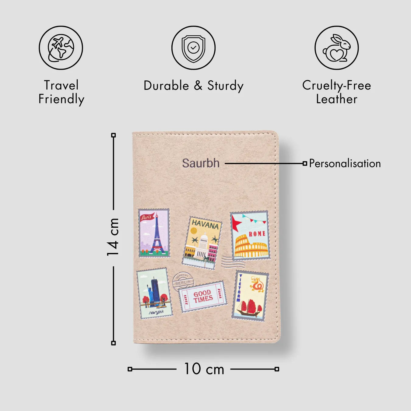 PERSONALISED PRINTED PASSPORT COVER - TRAVEL STAMP - BEIGE