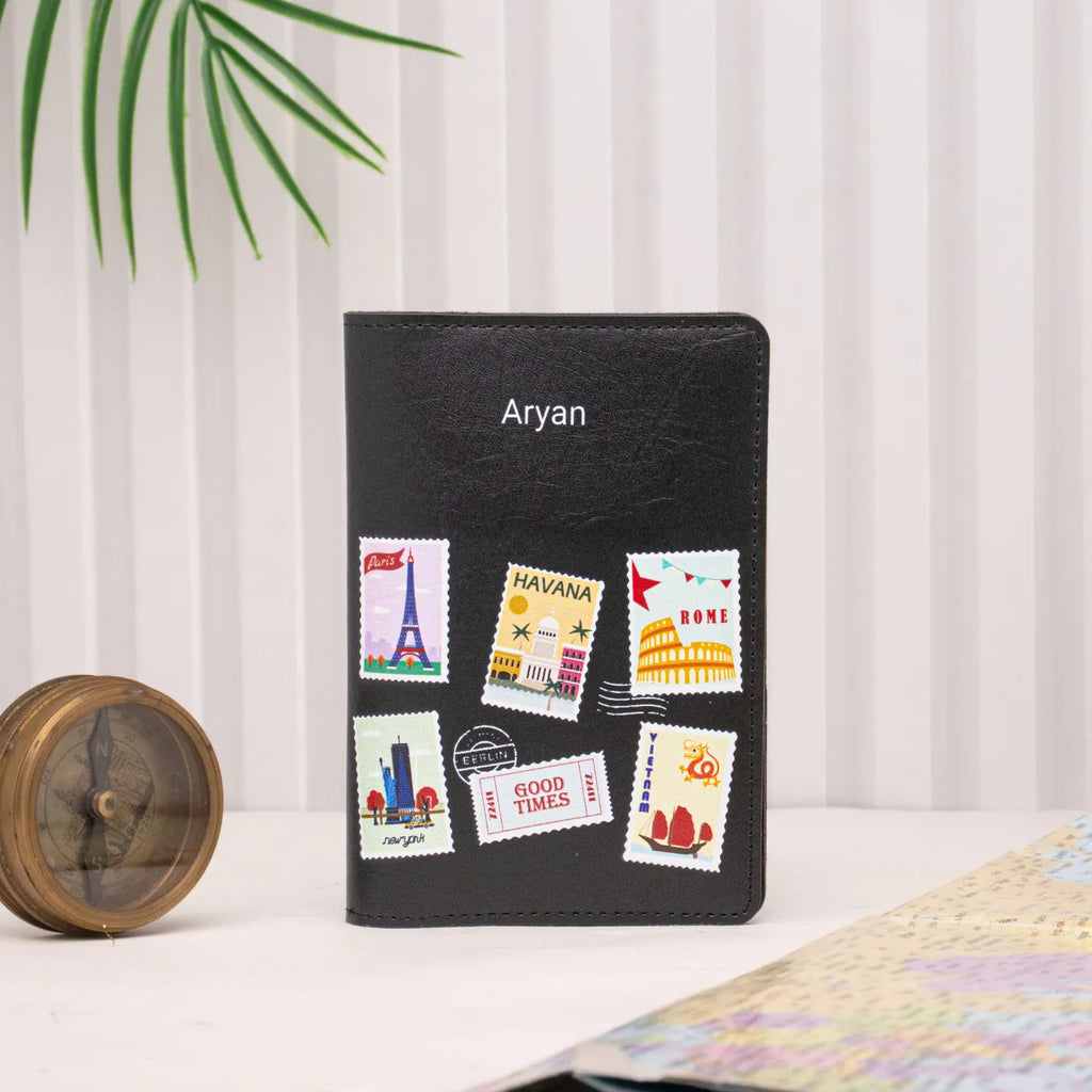 PERSONALISED PRINTED PASSPORT COVER - TRAVEL STAMP - BLACK
