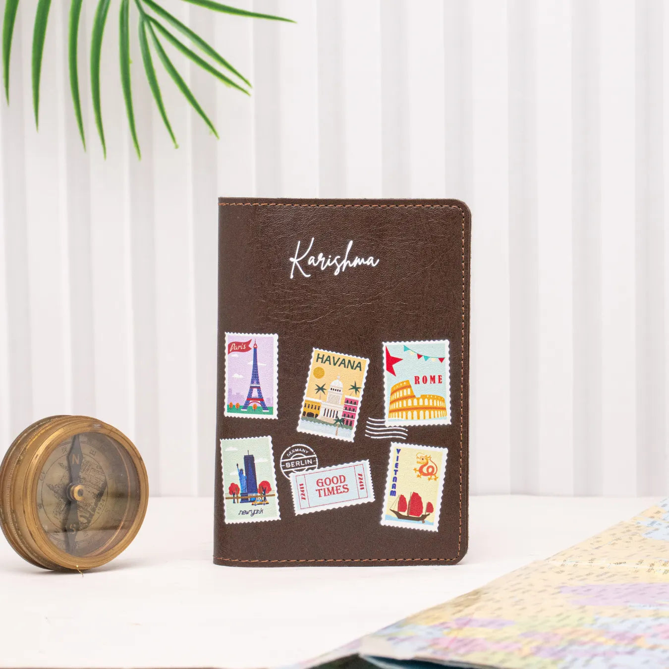 PERSONALISED PRINTED PASSPORT COVER - TRAVEL STAMP - BROWN