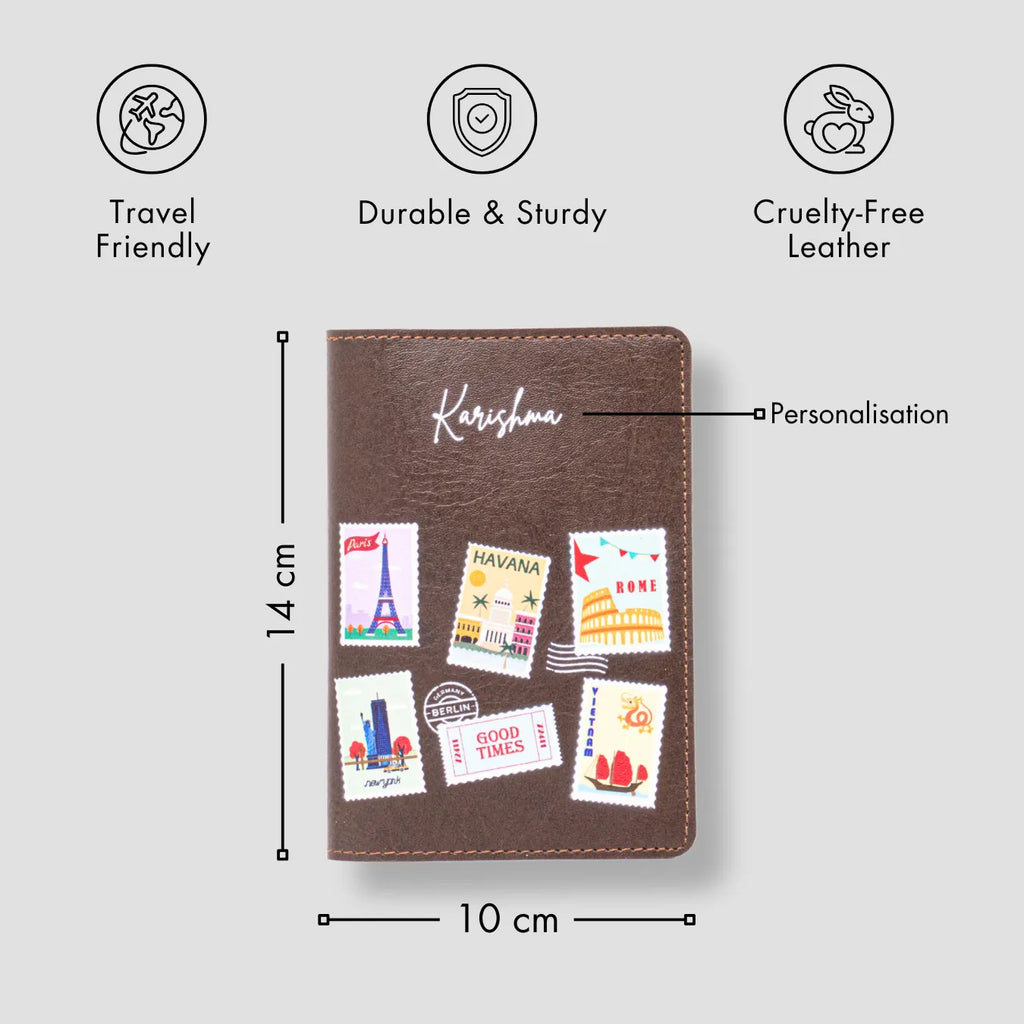 PERSONALISED PRINTED PASSPORT COVER - TRAVEL STAMP - BROWN