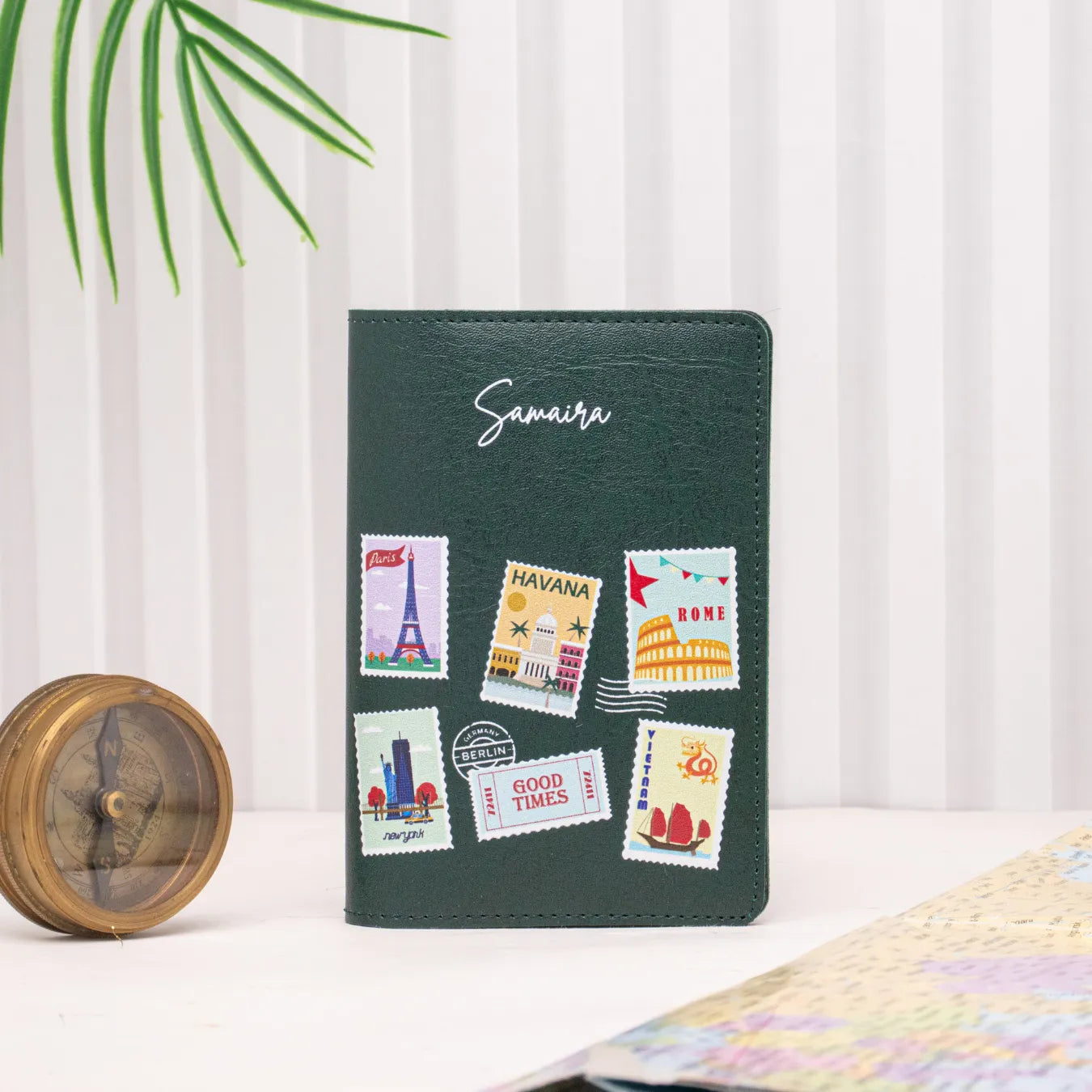 PERSONALISED PRINTED PASSPORT COVER - TRAVEL STAMP - GREEN
