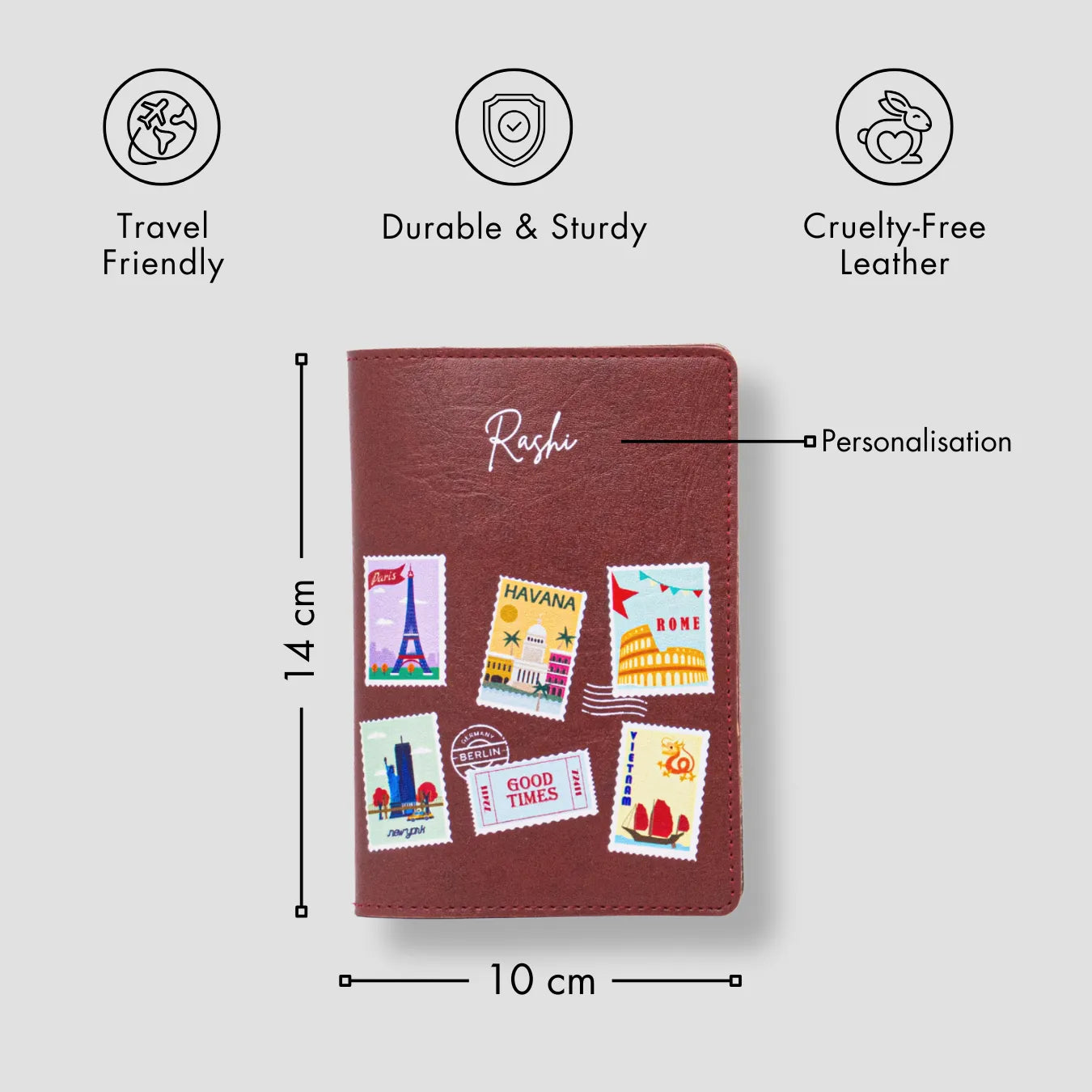 PERSONALISED PRINTED PASSPORT COVER - TRAVEL STAMP - MAROON