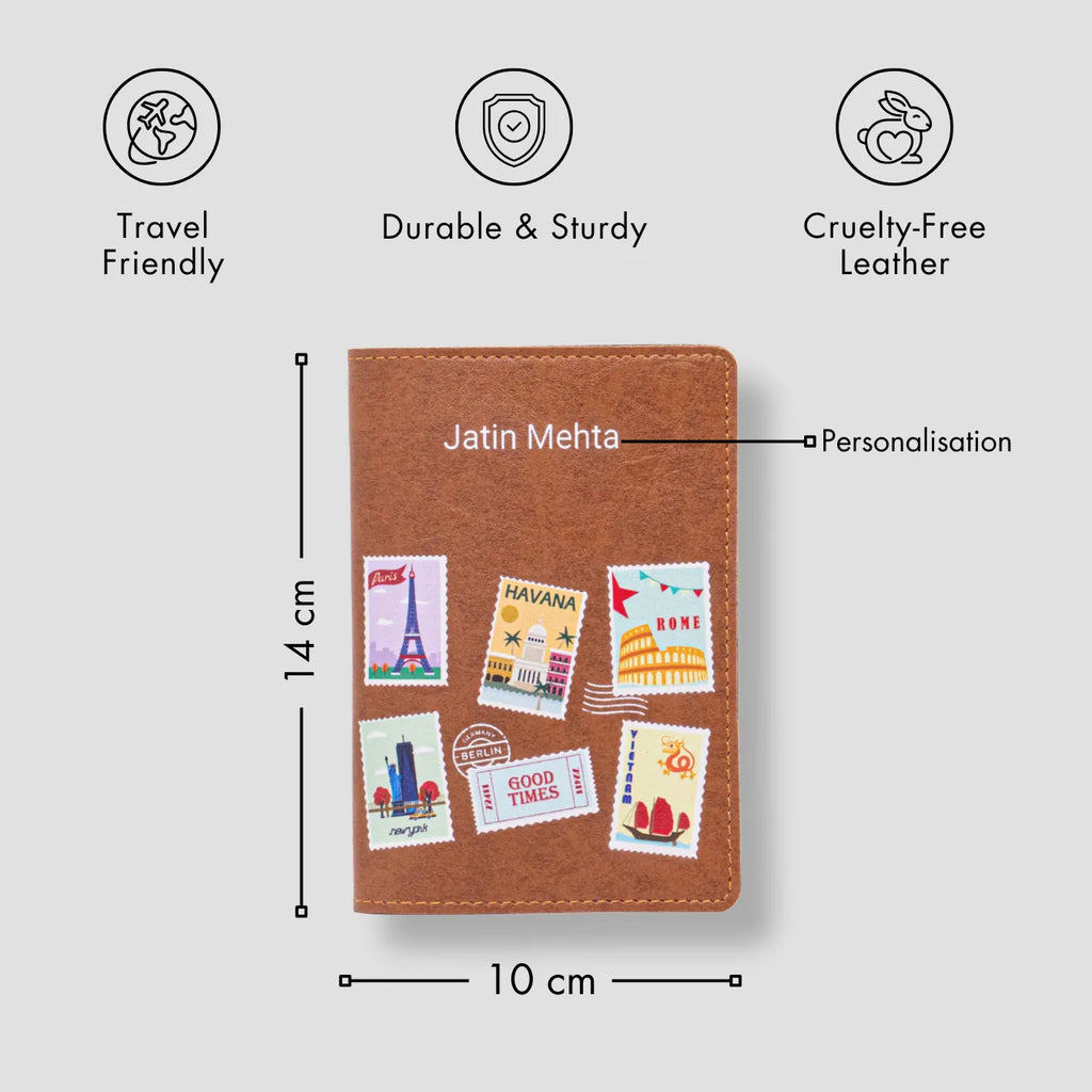 PERSONALISED PRINTED PASSPORT COVER - TRAVEL STAMP - TAN