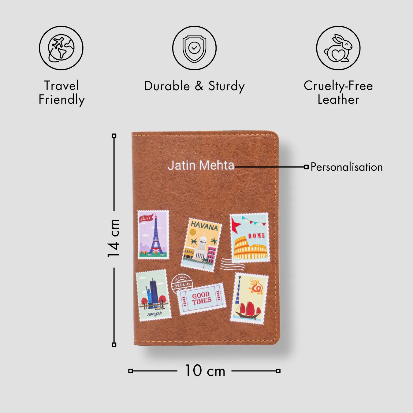 PERSONALISED PRINTED PASSPORT COVER - TRAVEL STAMP - TAN