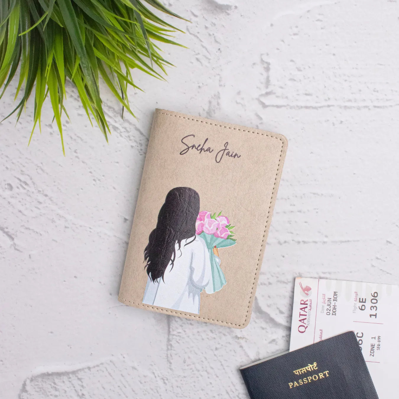 PERSONALISED PRINTED PASSPORT COVER - BLOOM - BEIGE