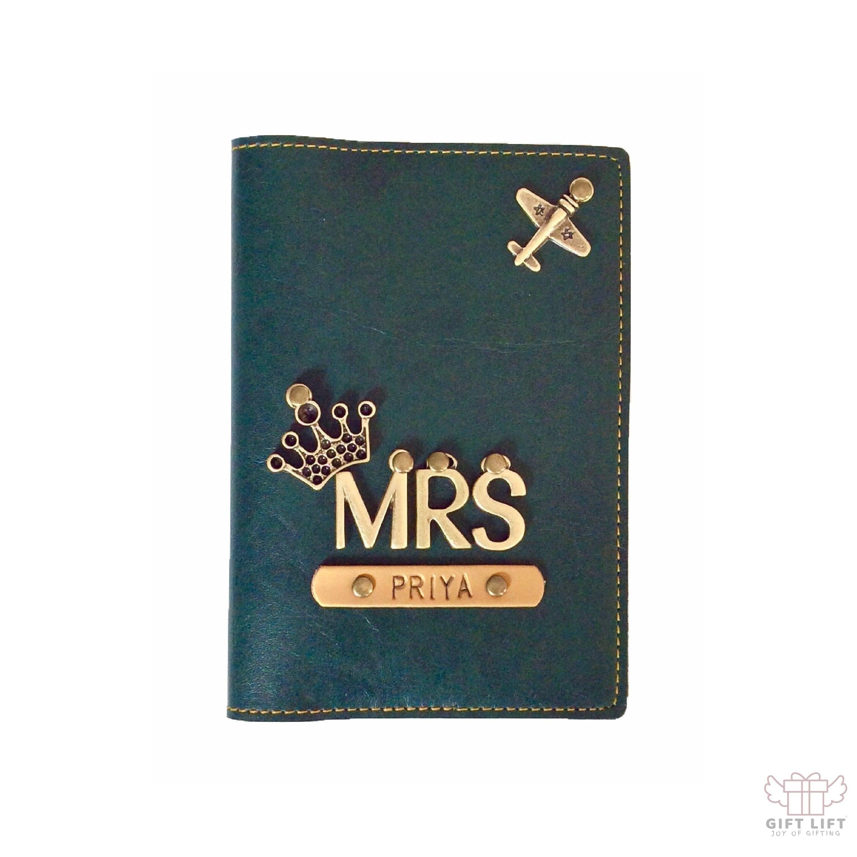 Mrs - Personalized Forest Green Leather Finish Passport Cover
