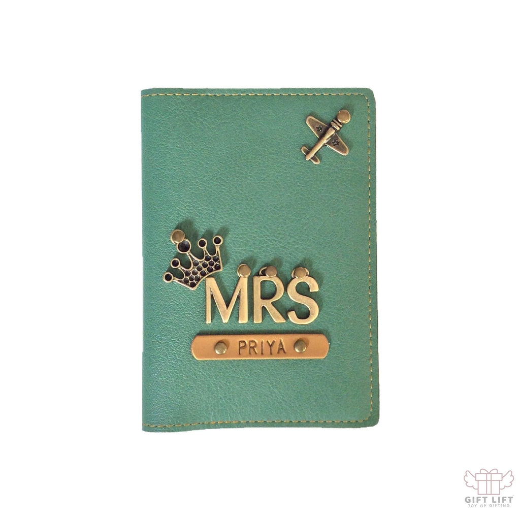 Mrs - Personalized Green Leather Finish Passport Cover