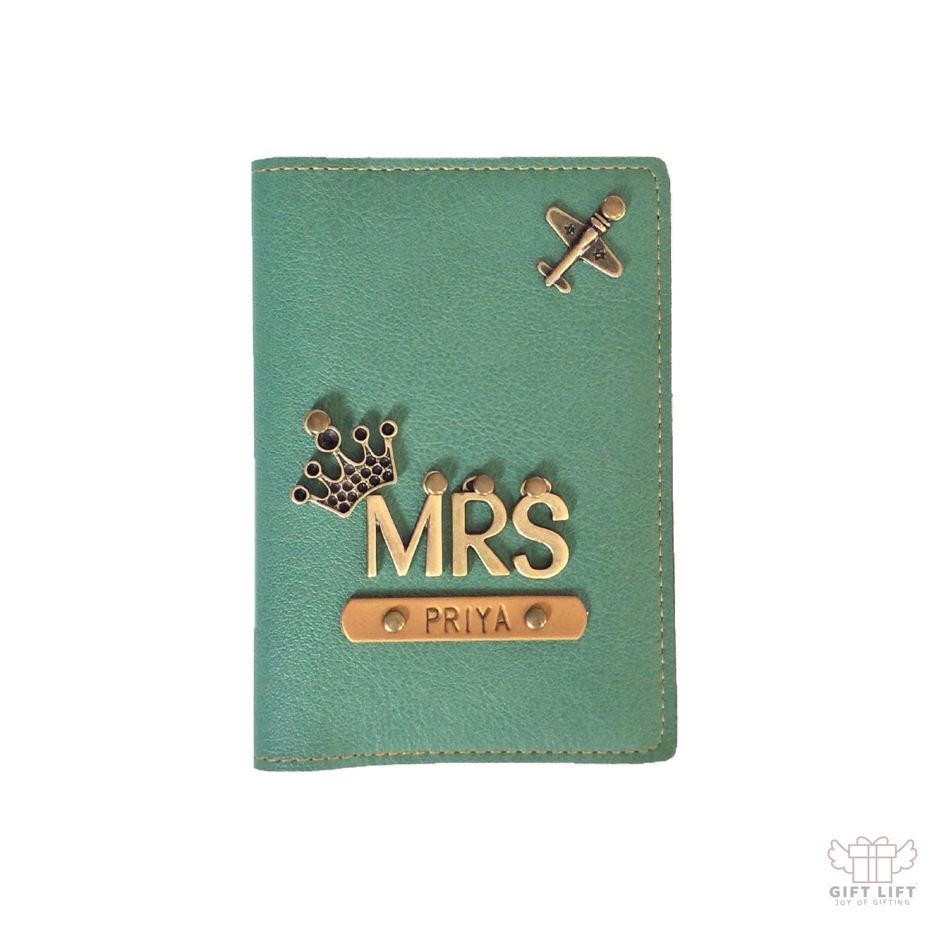 Mrs - Personalized Green Leather Finish Passport Cover