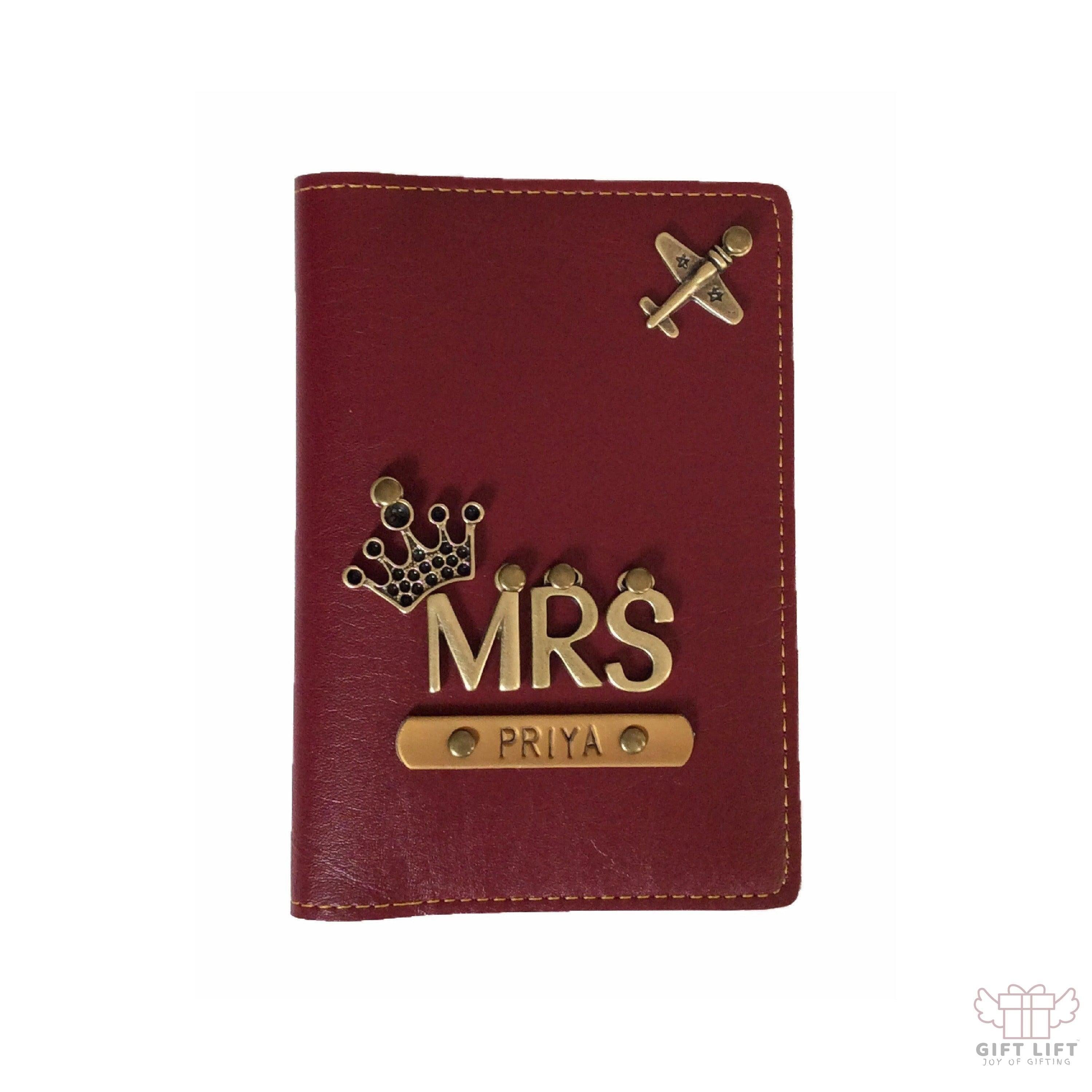 Mrs - Personalized Maroon Leather Finish Passport Cover
