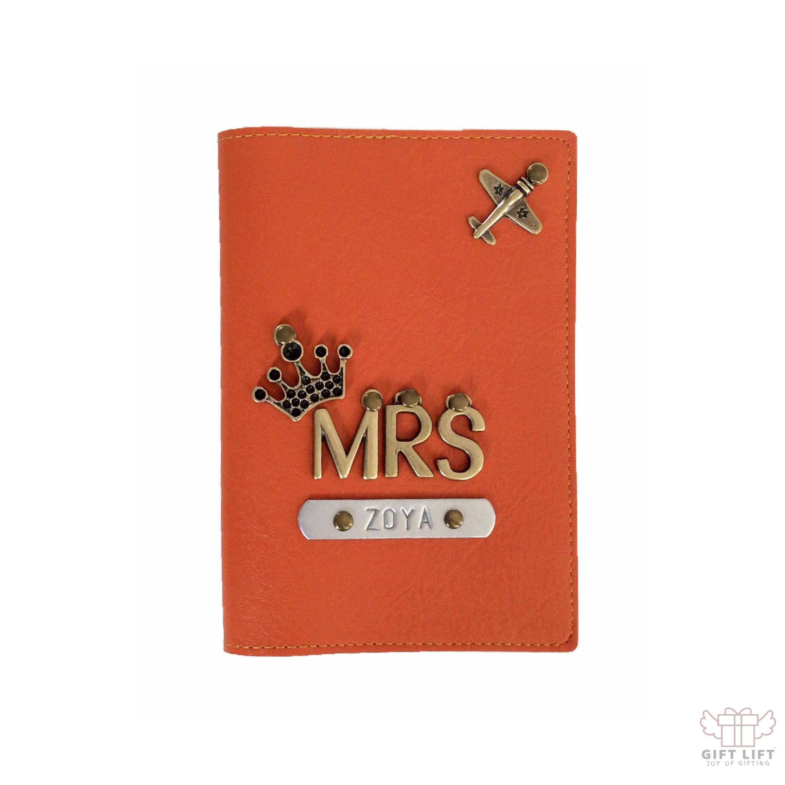 Mrs - Personalized Orange Leather Finish Passport Cover