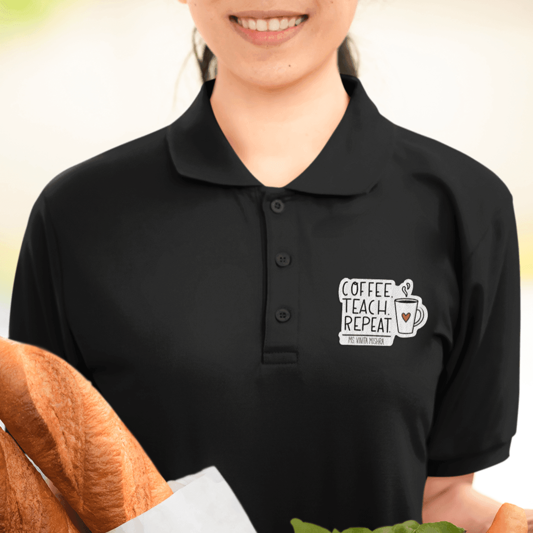 Personalised Coffee Teacher Art Polo T-Shirt - Black - Gift Lift