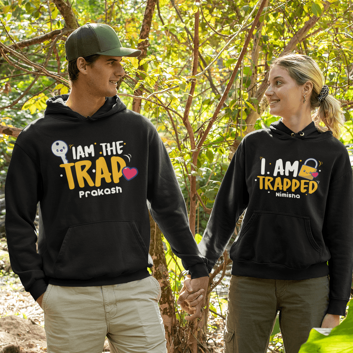 Personalised Hoodie For Couples - Set of 2 | Iam Trapped & I am the Trap - Gift Lift