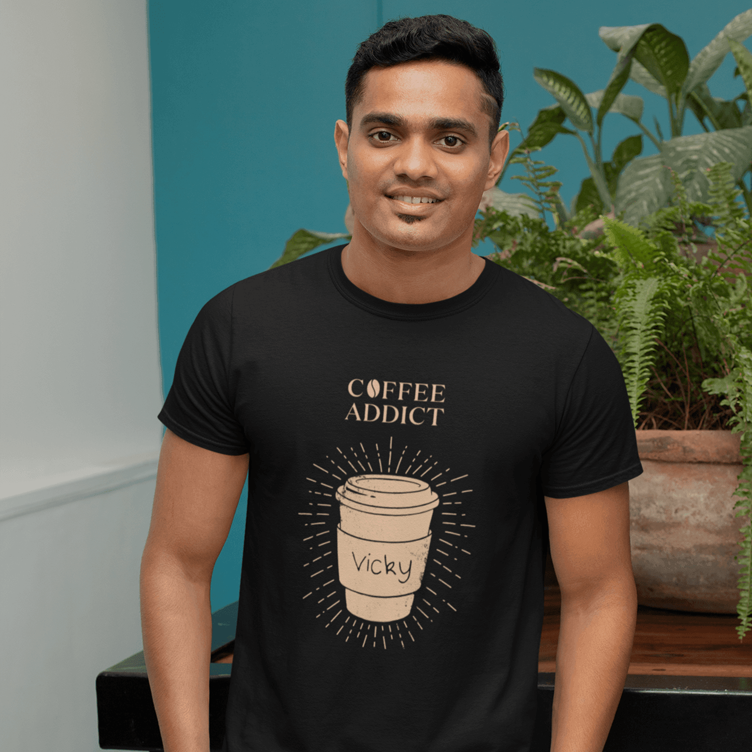 Personalised Tshirt - Coffee Addict Unisex Round Neck Cotton Graphic T Shirt - Gift Lift