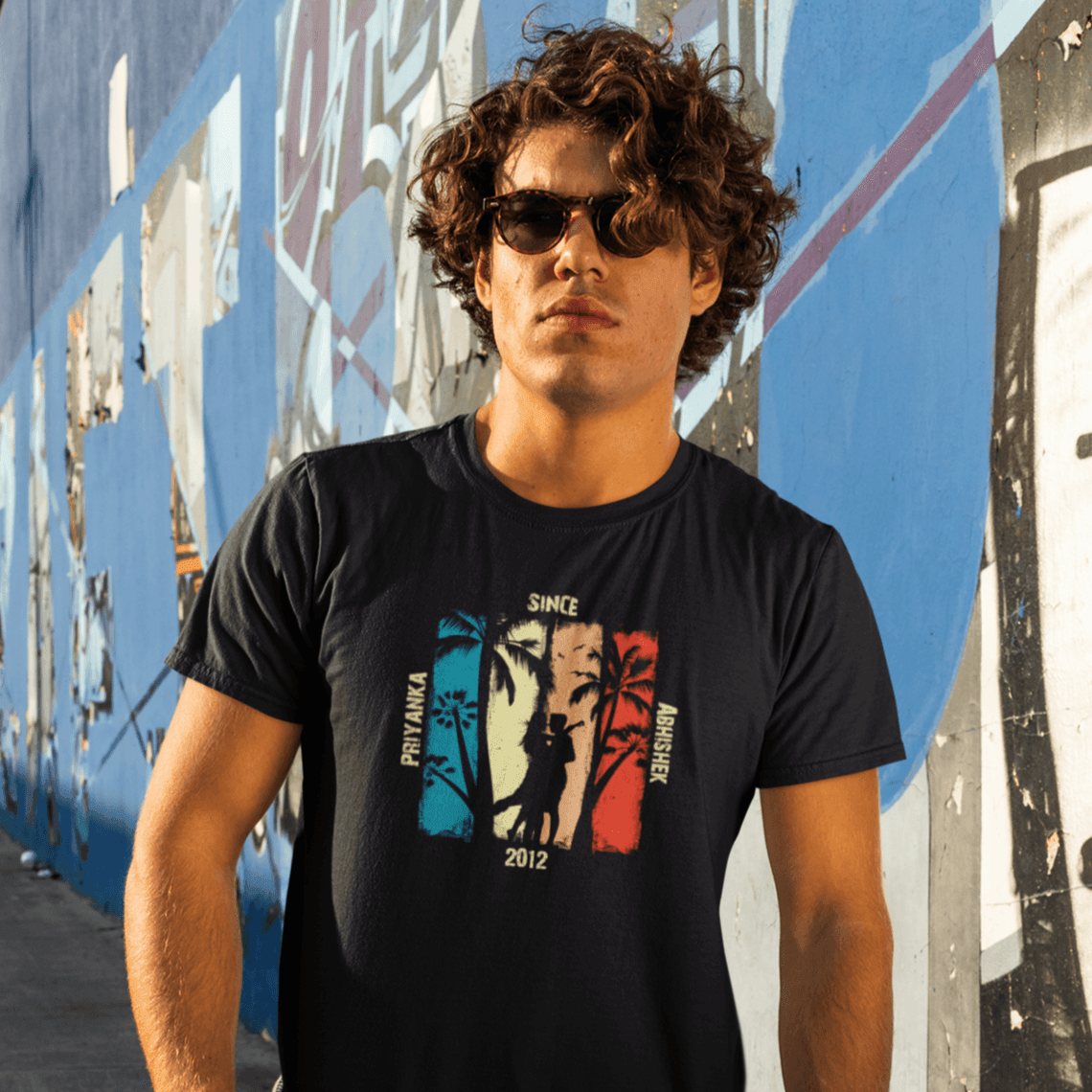 Personalized Beach Couple Art T-Shirt - 100% Cotton - Black - Gift Lift