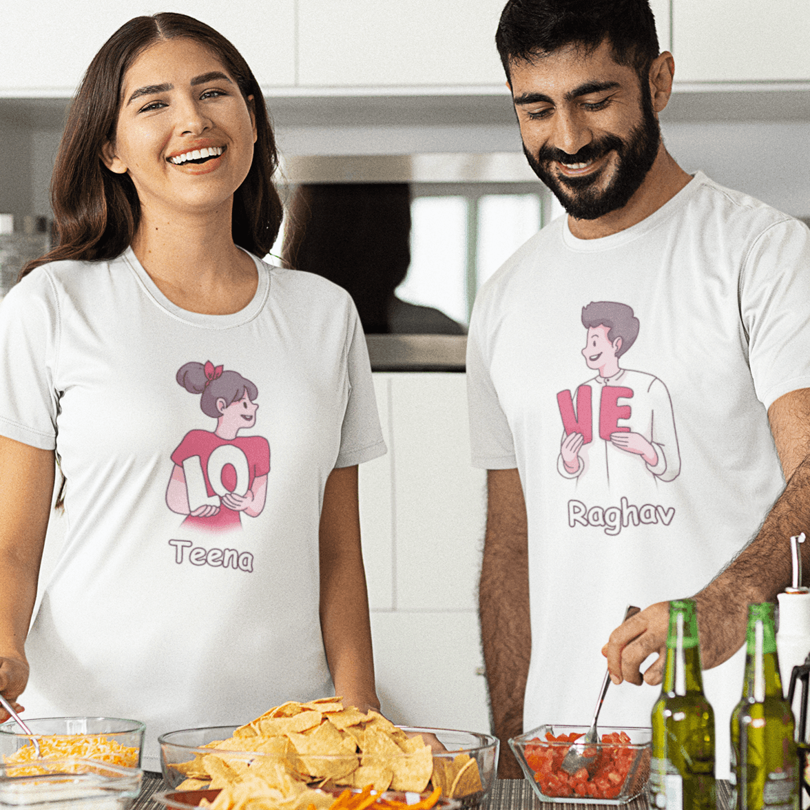 Personalized LOVE Couple T-Shirt - Set of 2 - 100% Cotton - White - Gift Lift