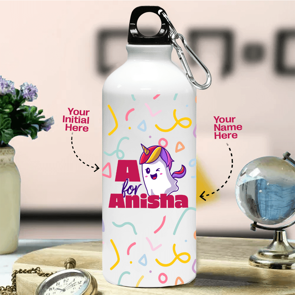 Personalized Metal Bottle For Kids - Unicorn Ghost With Name & Initial - Gift Lift