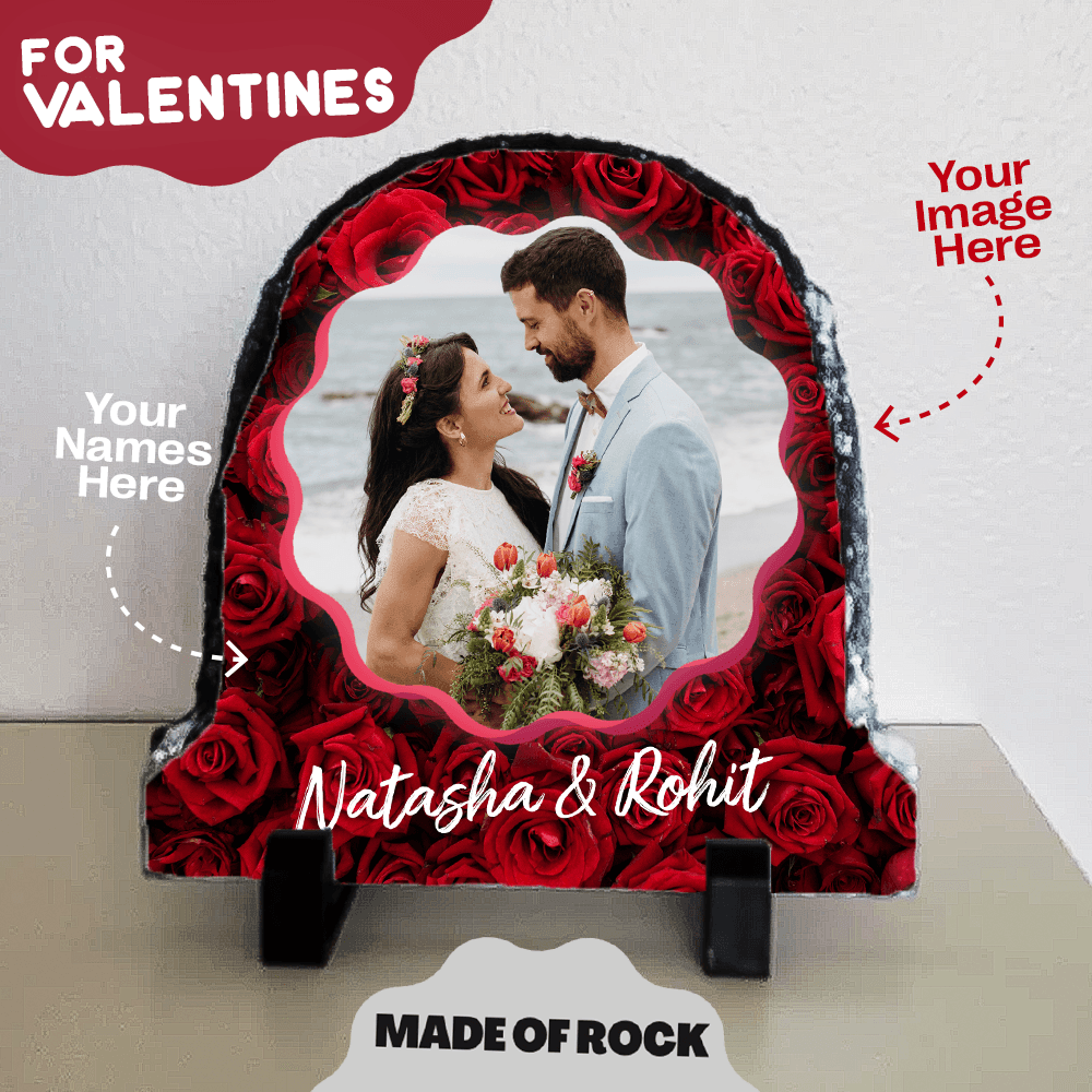 Personalized Rock Slate Photo Frame For Valentines | Your Image in Roses - Gift Lift