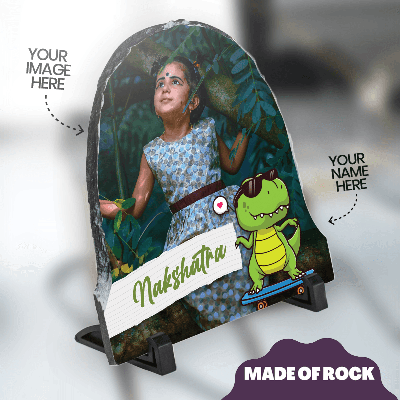 Personalized Rock Slate Photo Frame | Dino on Skateboard - Gift Lift
