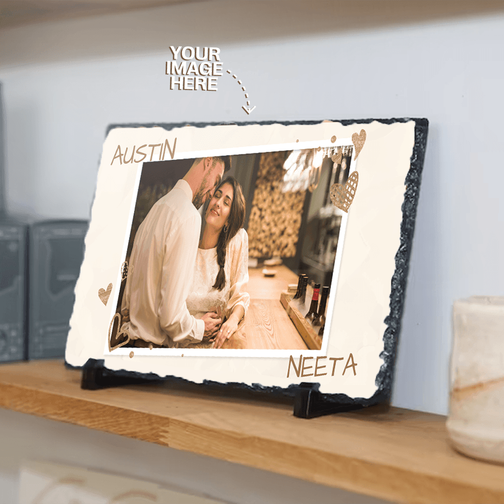 Personalized Rock Slate Rectangular Photo Frame | Golden Hearts for Couples - Gift Lift