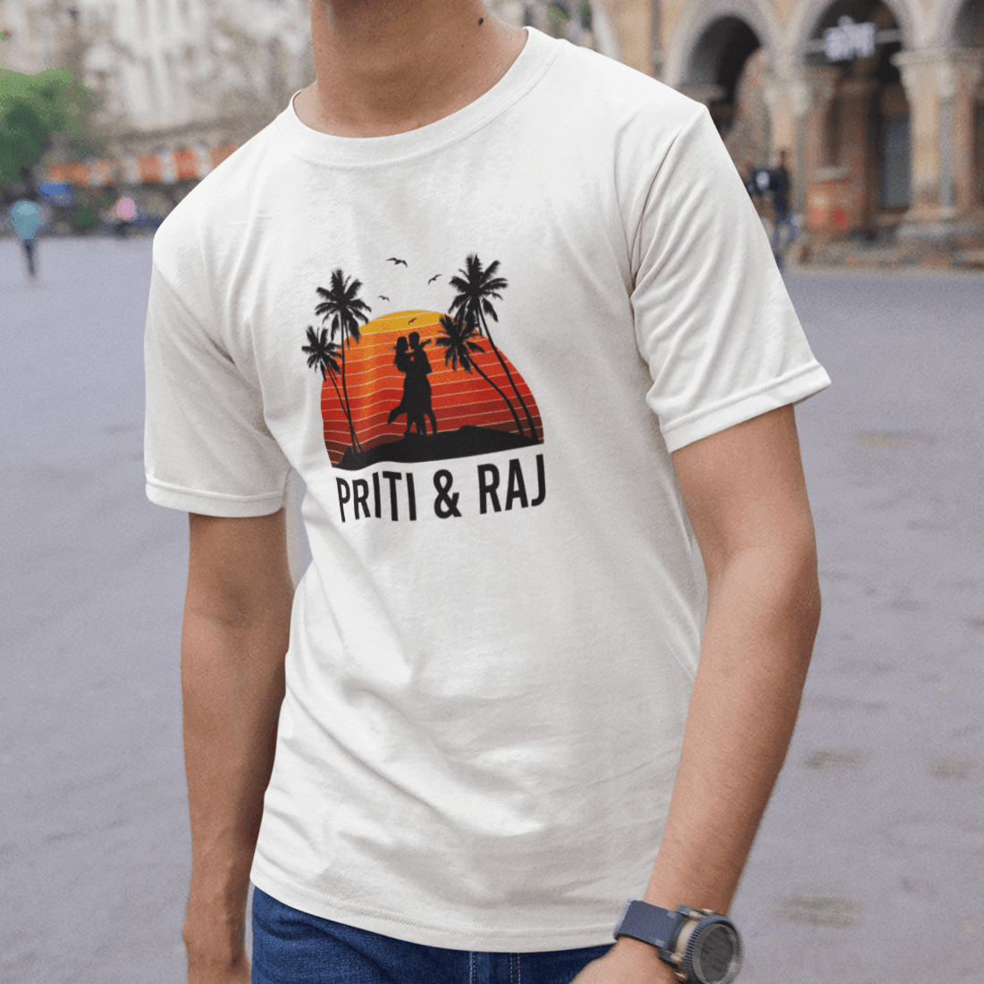 Personalized Sunset Couple Name Unisex T-Shirt - 100% Cotton - White - Gift Lift