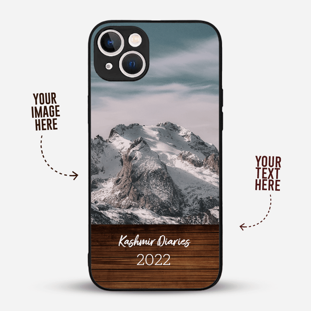 Premium Personalised IPhone Glass Back Case Cover - Your Image with Wooden Footer - Gift Lift