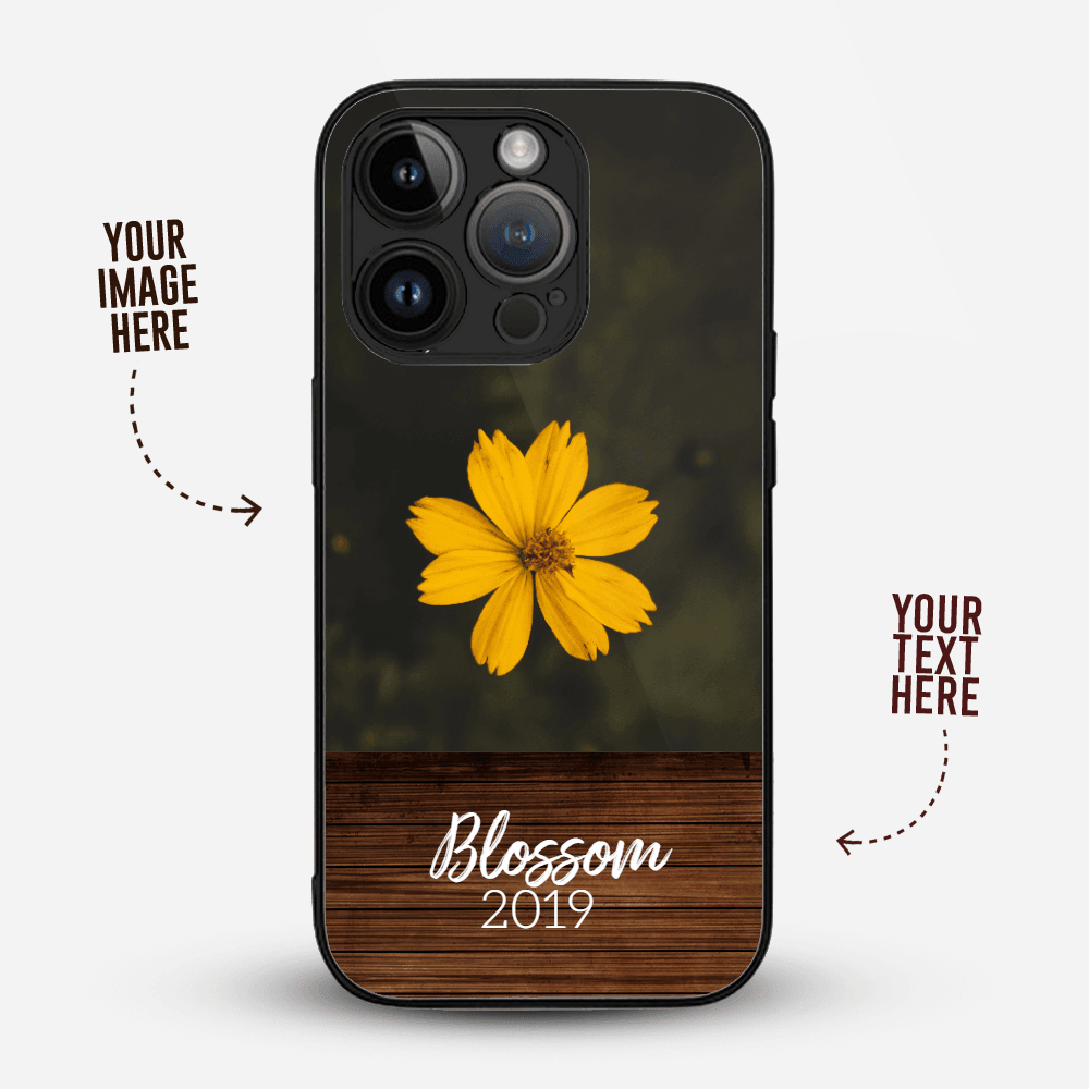 Premium Personalised IPhone Glass Back Case Cover - Your Image with Wooden Footer - Gift Lift