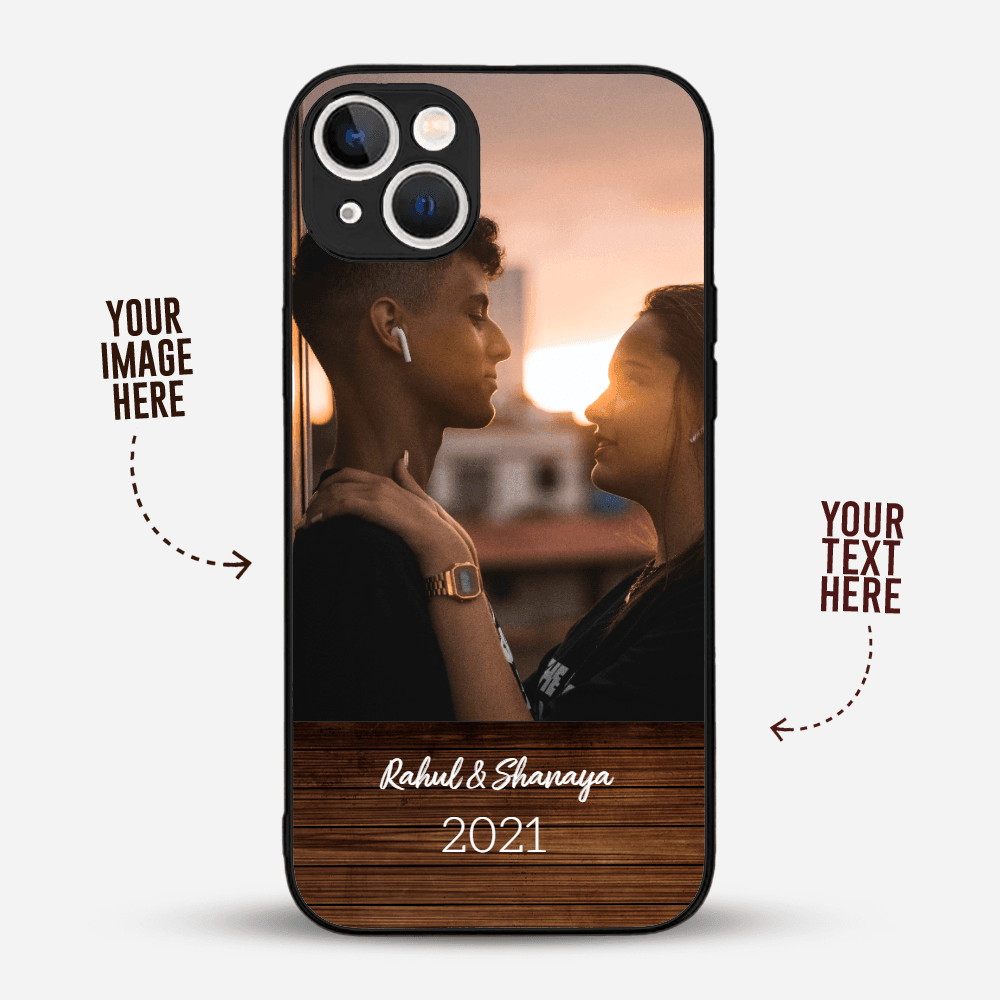 Premium Personalised IPhone Glass Back Case Cover - Your Image with Wooden Footer - Gift Lift