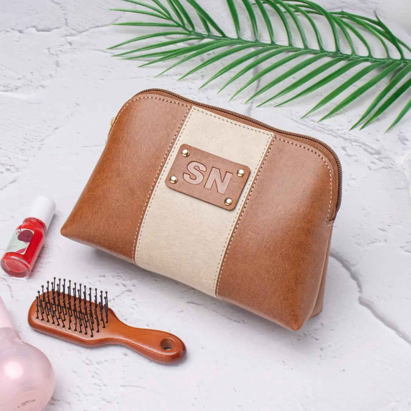 PERSONALISED STRIPE MULTIPURPOSE POUCH - INITIALS - TAN