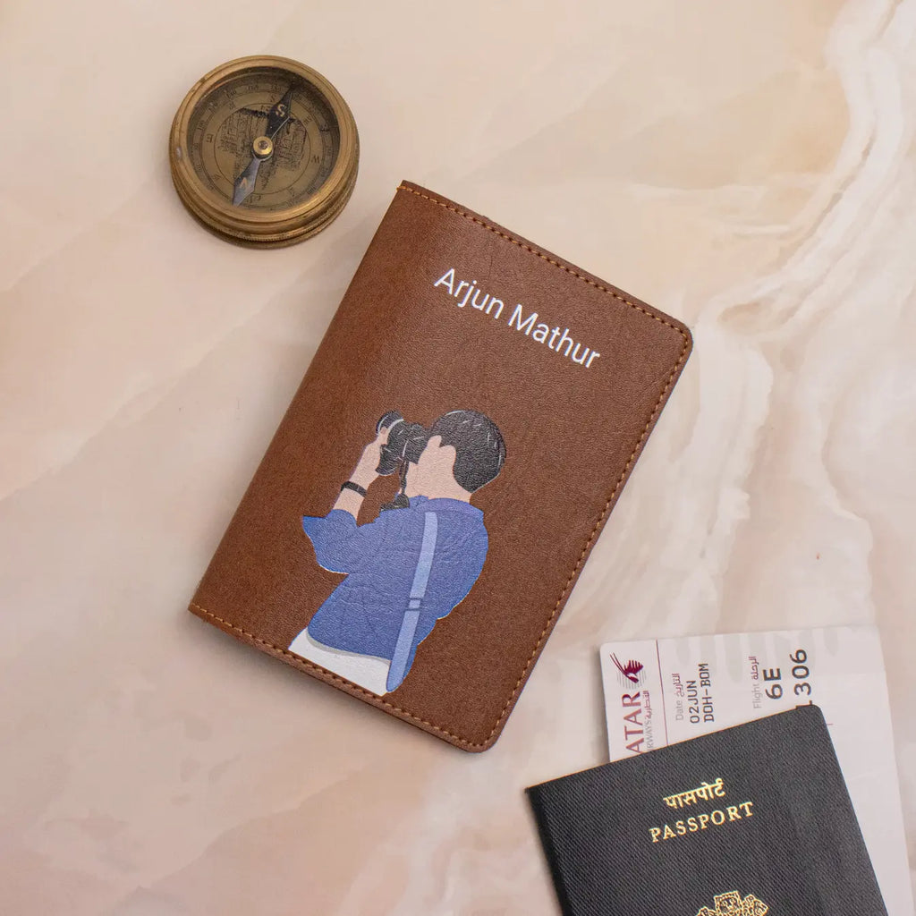 PERSONALISED PRINTED PASSPORT COVER - TRAVELER LENS - TAN