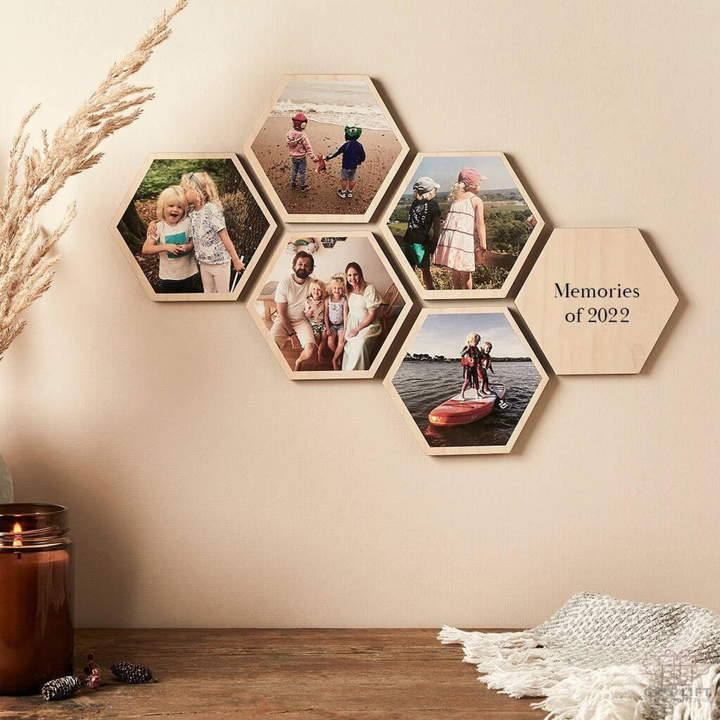 Unique Personalised  Photo Wooden Hexagon Wall Art Set