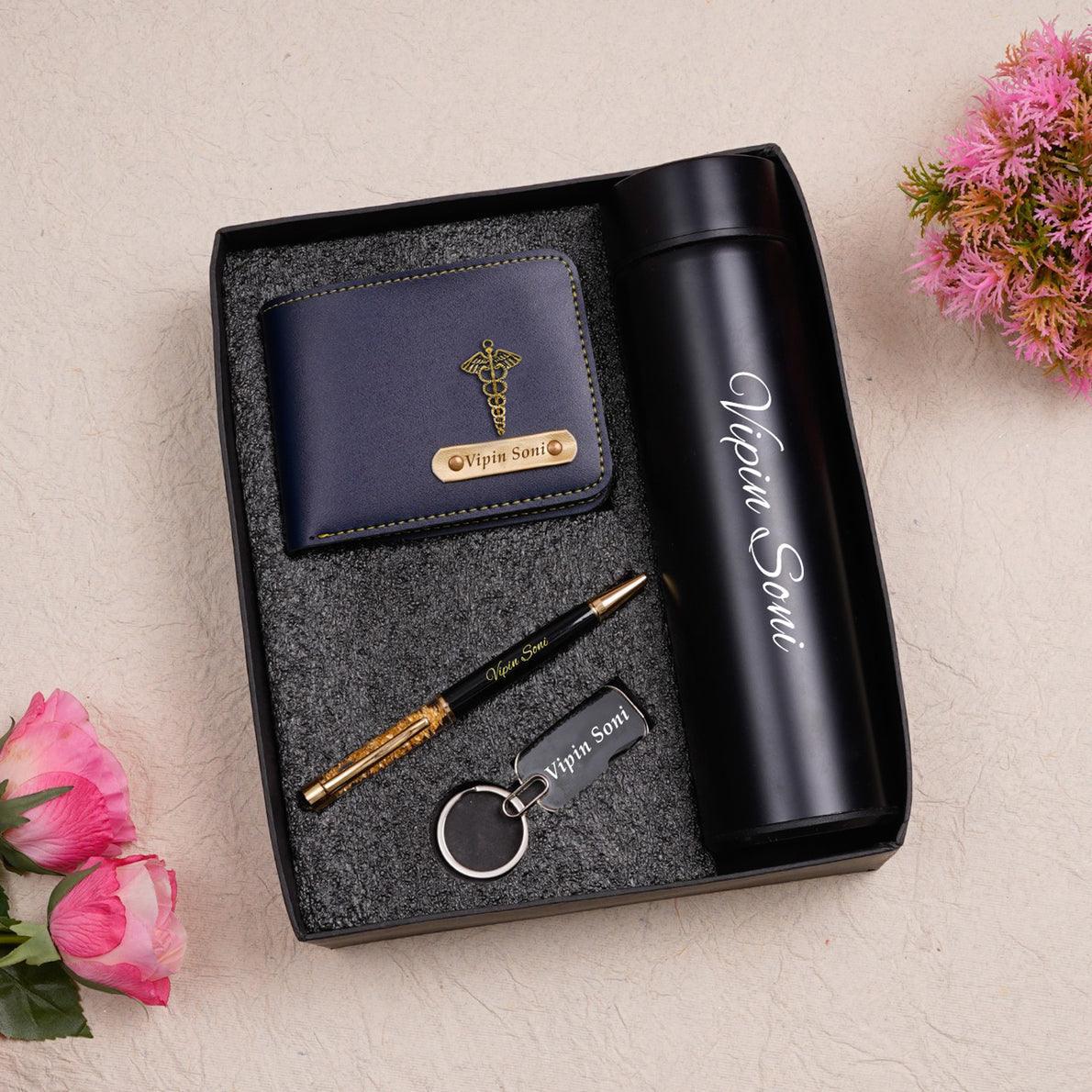 Unique Personalized Wallet Key Chain Pen Combo With Temperature Water Bottle - Gift Lift