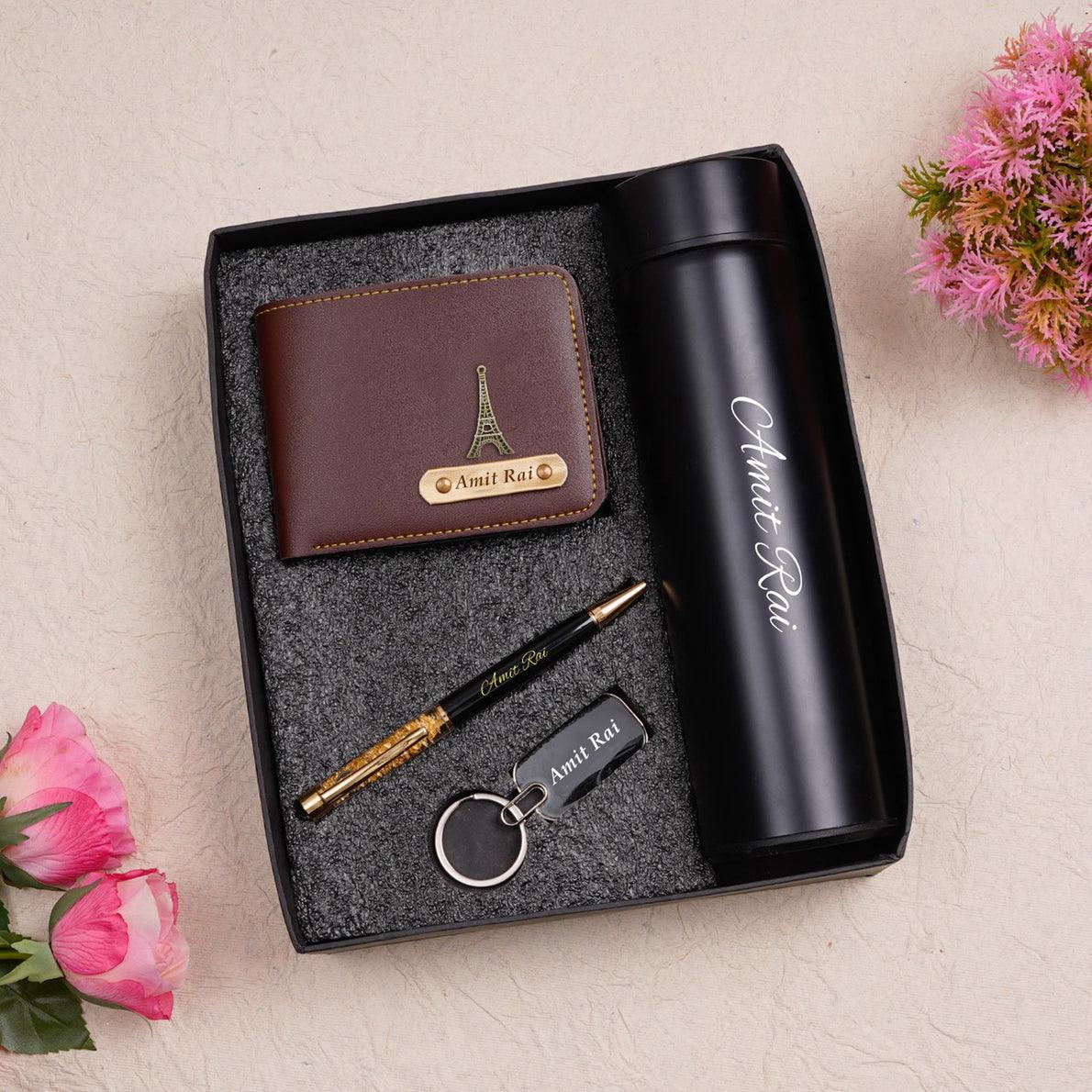 Unique Personalized Wallet Key Chain Pen Combo With Temperature Water Bottle - Gift Lift