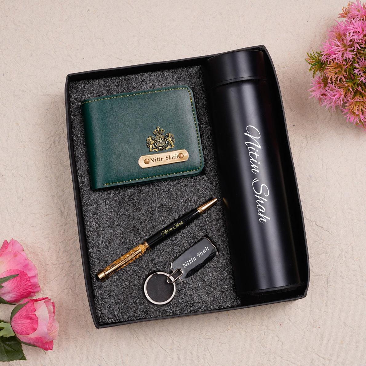 Unique Personalized Wallet Key Chain Pen Combo With Temperature Water Bottle - Gift Lift