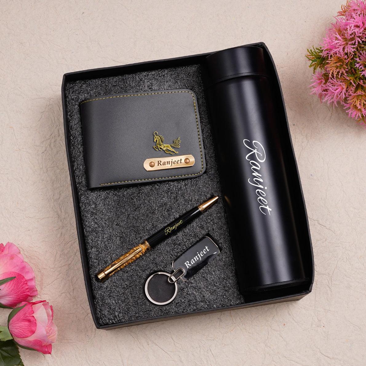 Unique Personalized Wallet Key Chain Pen Combo With Temperature Water Bottle - Gift Lift