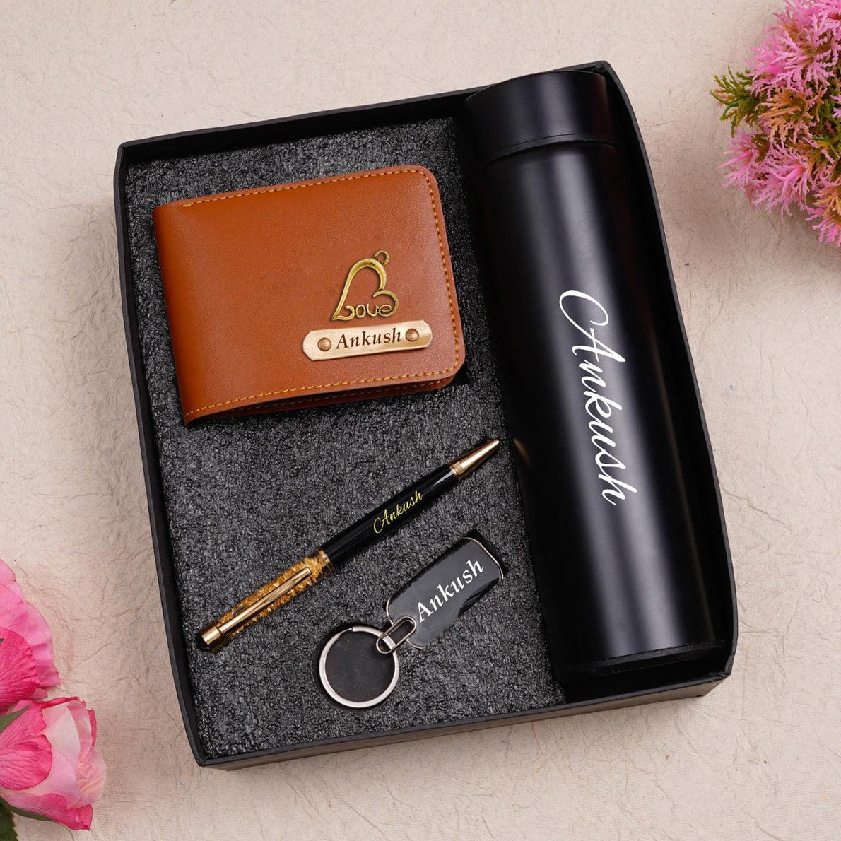 Unique Personalized Wallet Key Chain Pen Combo With Temperature Water Bottle - Gift Lift