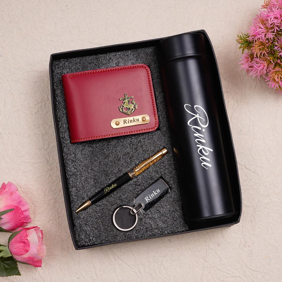 Unique Personalized Wallet Key Chain Pen Combo With Temperature Water Bottle - Gift Lift
