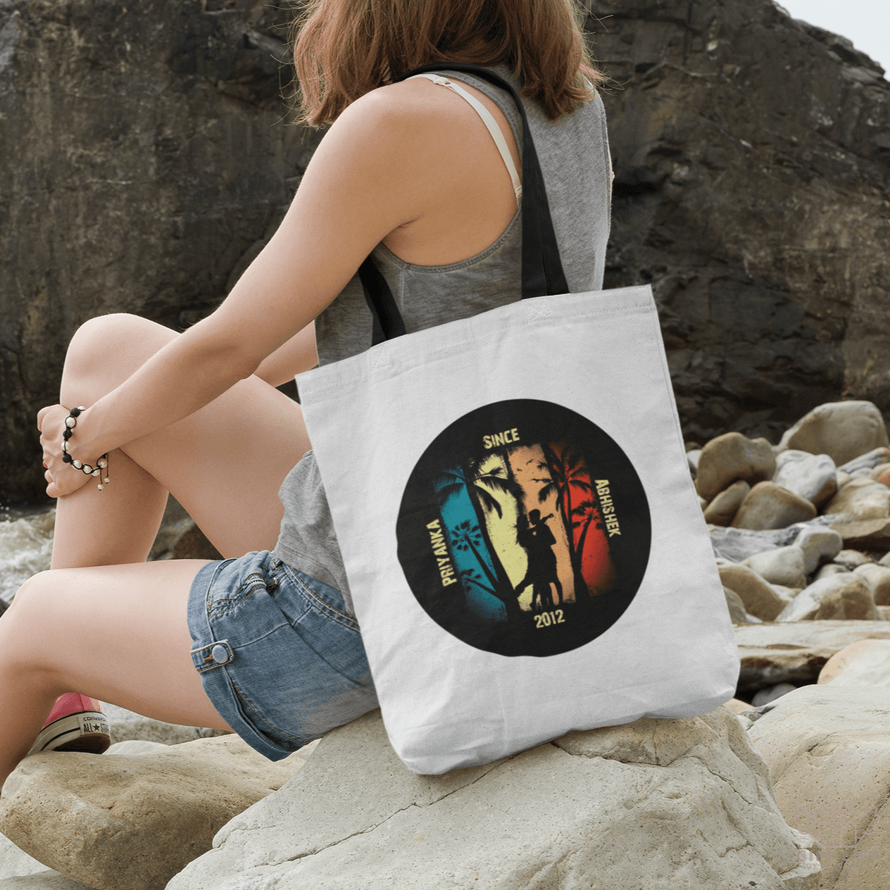 Personalized Beach Couple Art Tote Bag